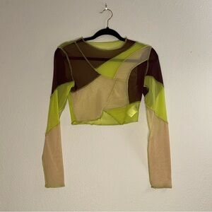 SHEIN Patchwork Mesh Long Sleeve Crop Top - Lime Green, Beige & Brown